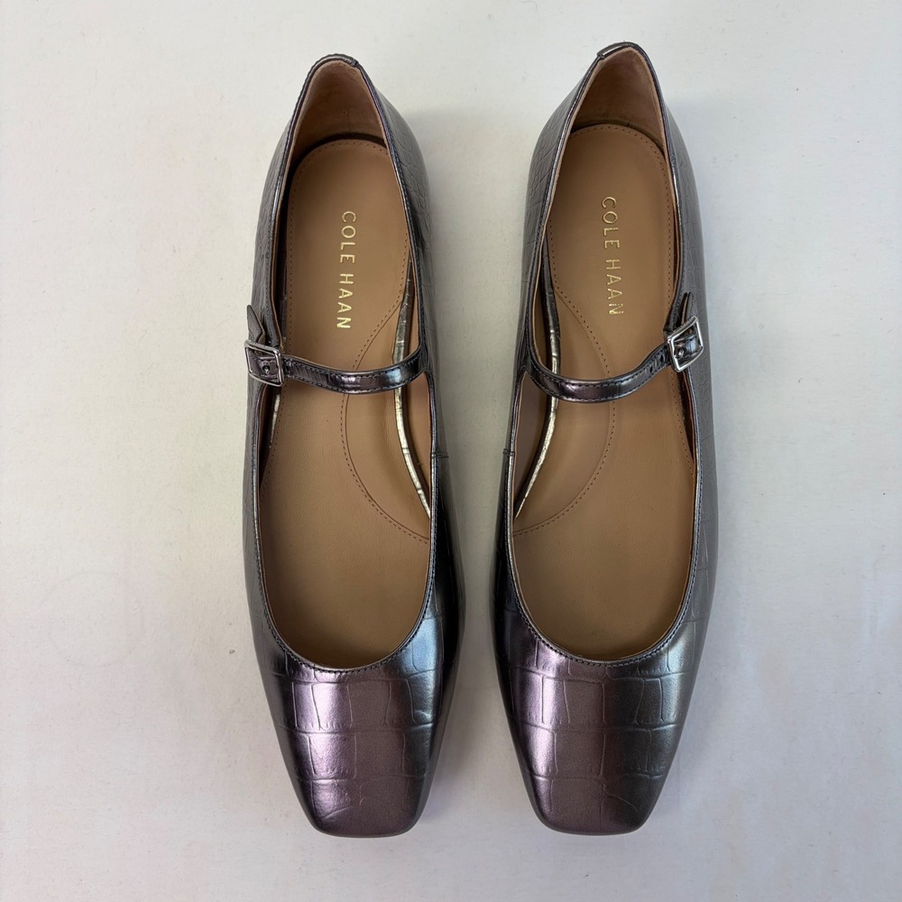 Cole Haan Mary Jane Bridge Flats Women 9B Metallic Croc Embossed Square Toe - Picture 2 of 10